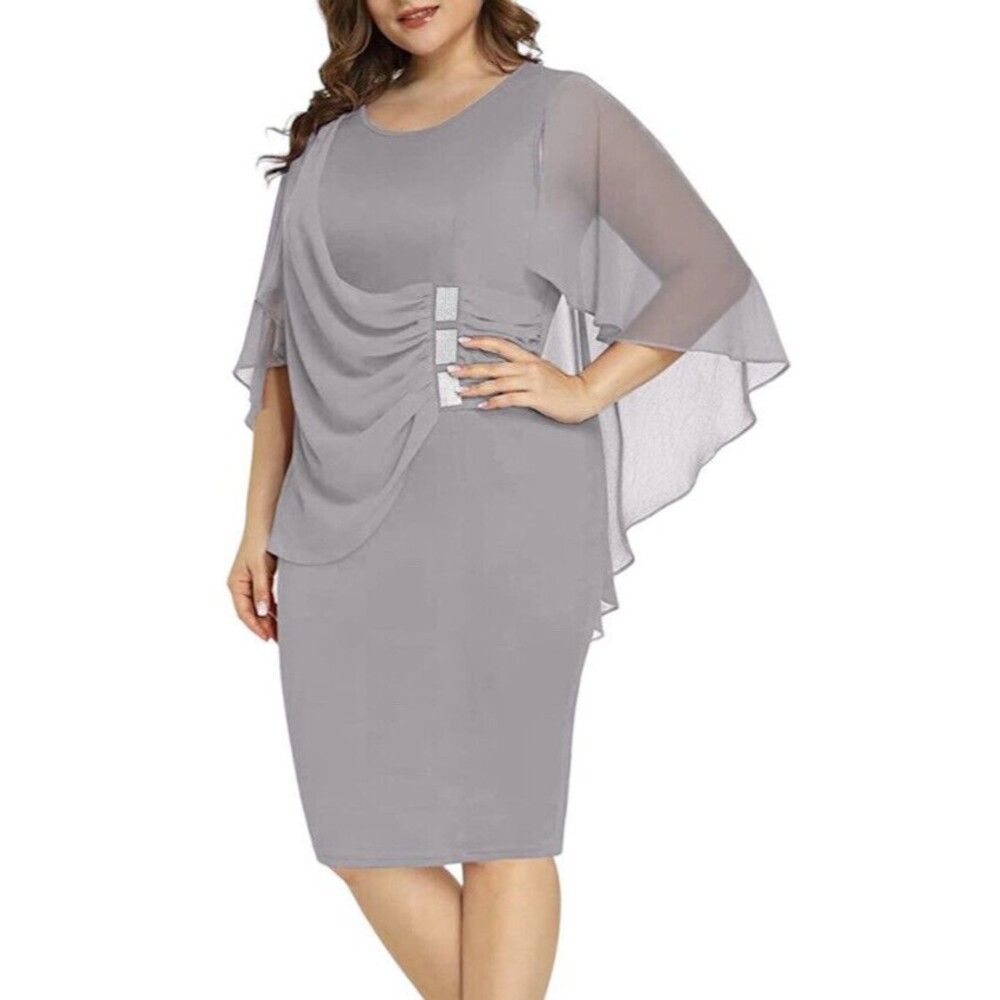 LALAGEN Women chiffon dress plus Sz 3XL ruffles flattering cap sleeve Dress